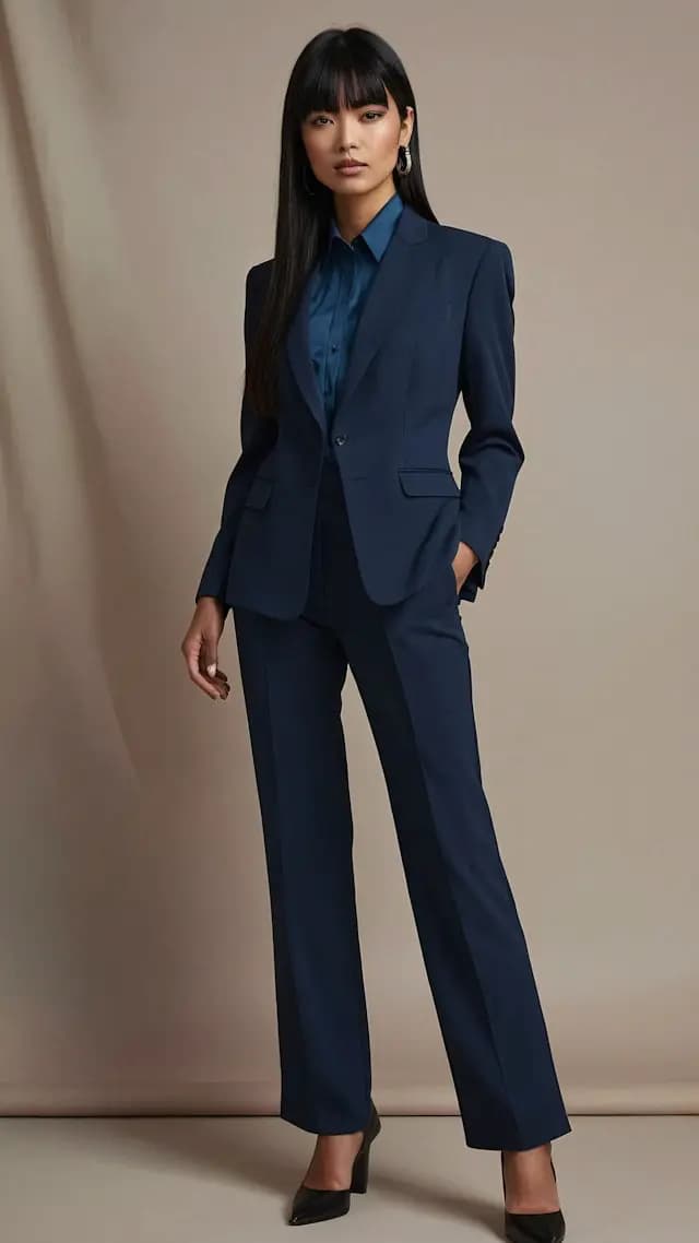 A woman wearing a blue suit is standing in front of a white background. She is posing for the camera, showcasing her outfit. The suit consists of a blue blazer and matching pants, giving her a professional and stylish appearance.