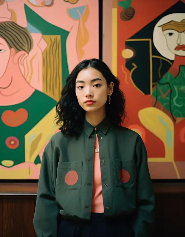 A woman in a green jacket is standing in front of two paintings. She is ...