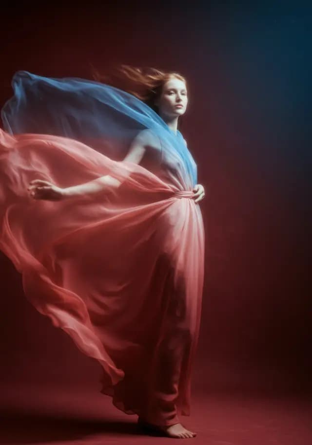 A woman wearing a blue and pink dress is standing in front of a red ...