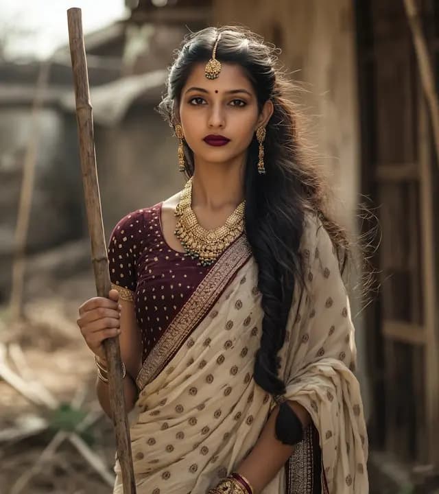 A woman is standing in front of a building, holding a wooden stick. She is wearing a white dress and has long hair. She is also wearing a gold necklace and earrings. The woman appears to be looking at the camera, possibly posing for a picture.