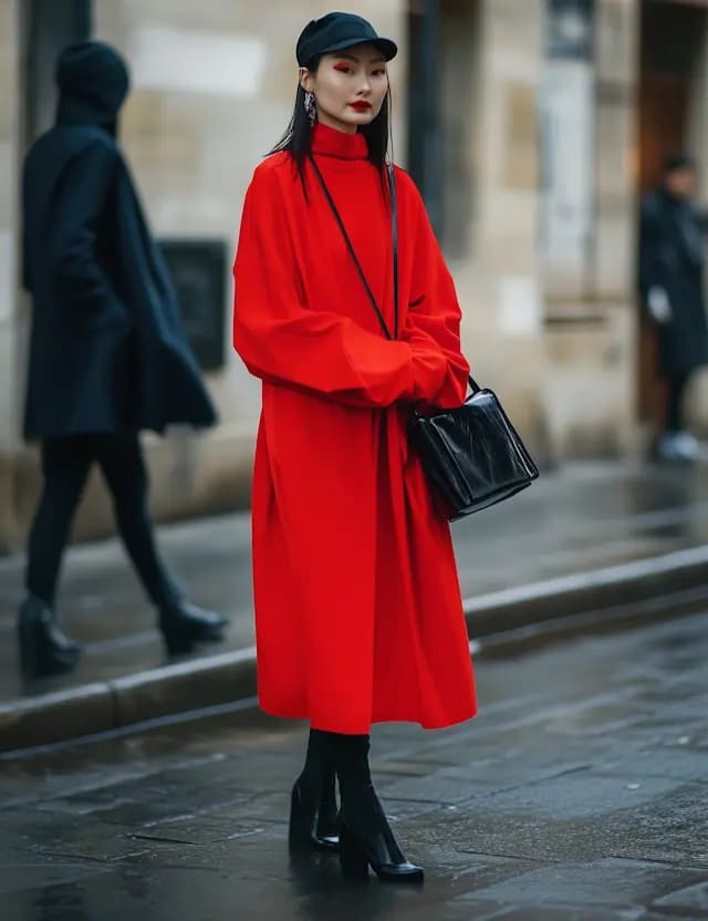 A woman in a red dress stands on a sidewalk, holding a black purse. She is wearing black boots and appears to be walking down the street. Another person can be seen in the background, but they are not the main focus of the image. The scene captures a moment of the woman's daily life as she navigates the city streets.