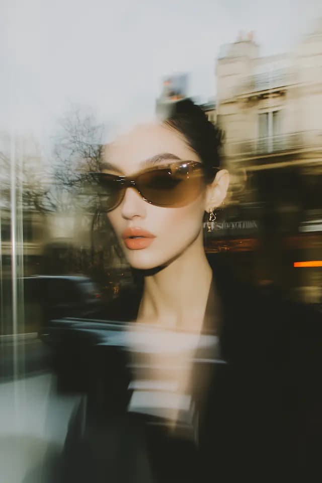 A woman wearing sunglasses and a black jacket is standing in front of a ...