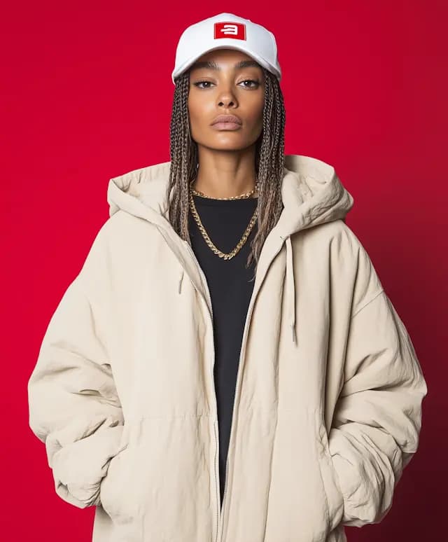 A woman wearing a white hat, a beige jacket, and a necklace is standing in front of a red background. She is posing for the camera, and her outfit is casual and comfortable. The woman appears to be confident and stylish, making for an eye-catching photo.