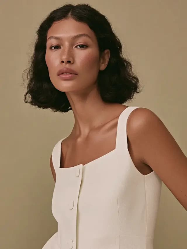 A woman with dark hair and a white dress is standing in front of a yellow background. She is wearing a white shirt with a collar and a white button-up top. She is posing for the camera with a confident expression.