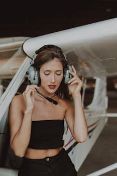 Brunette woman wearing a tube top and headset near a small aircraft, exuding confidence and professionalism.