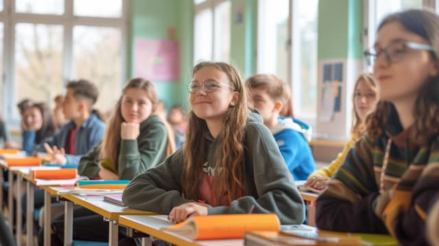 A girl with glasses is sitting at a desk, smiling and looking up. She ...