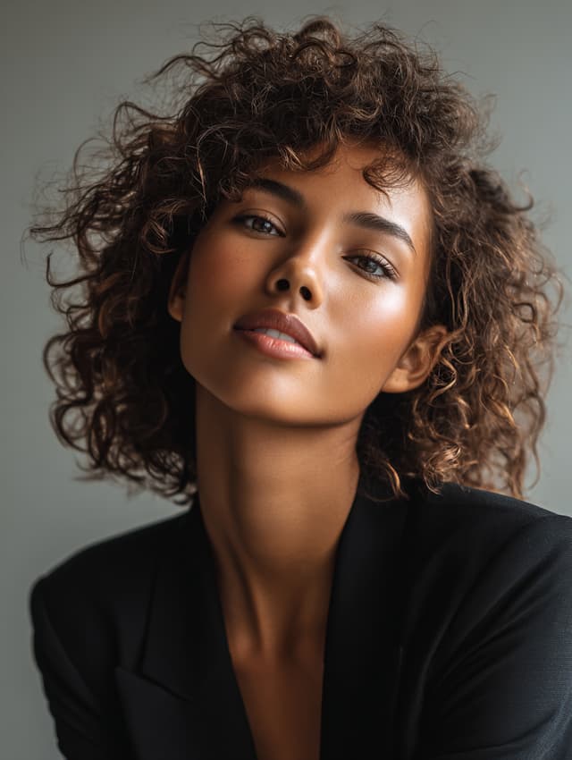 The woman in the image has curly hair and is wearing a black shirt. She is looking off to the side with a smile on her face. Her hair is styled in a way that it falls over her shoulder, and she appears to be enjoying the moment.