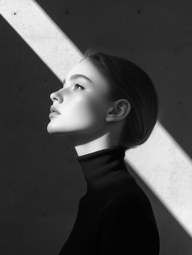 A woman with long hair is standing in front of a wall, looking upwards. The lighting in the scene creates a shadow on the wall behind her, emphasizing her profile. She is wearing a black top, which complements her elegant posture.