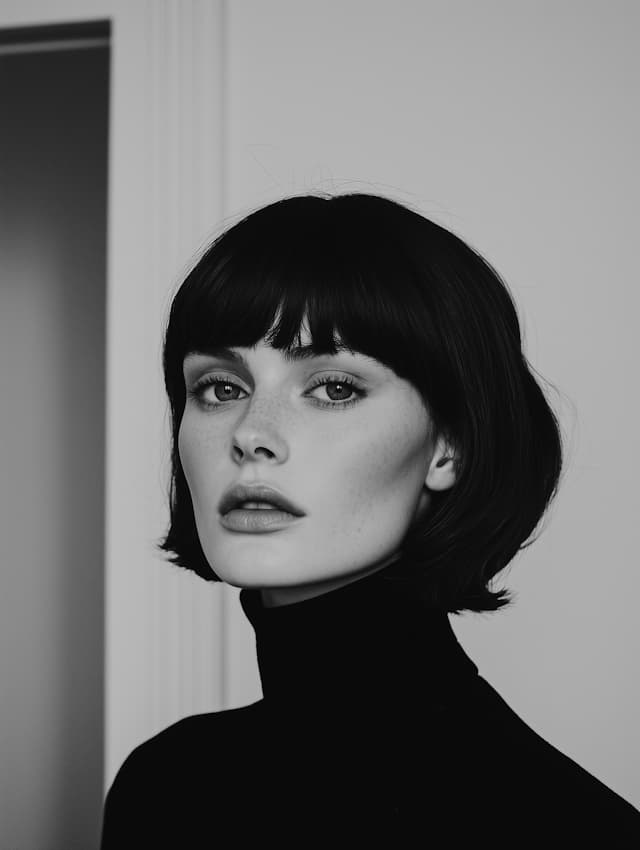 A woman with short hair is wearing a black shirt and looking at the camera. She has a nose and mouth, and her eyes are open. The woman is standing in front of a wall, and the photo is in black and white.