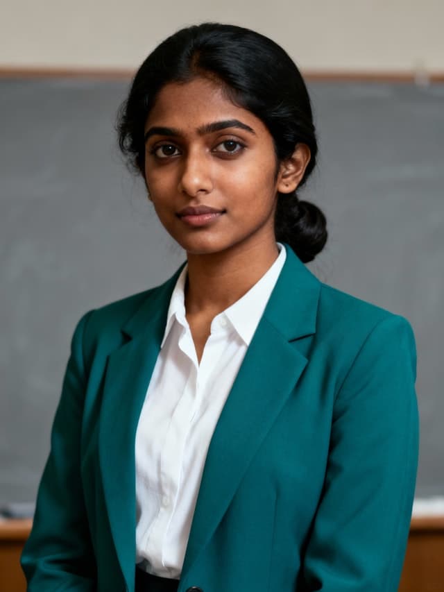 A woman wearing a green jacket and white shirt is standing in front of a chalkboard. She is smiling and posing for the camera.