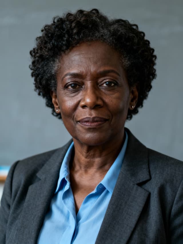 A woman with curly hair is wearing a blue shirt and a gray suit. She is looking at the camera with a serious expression.