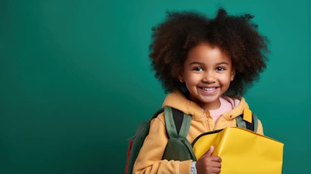 A young girl is wearing a yellow hoodie and holding a yellow backpack. She is smiling and appears to be happy.