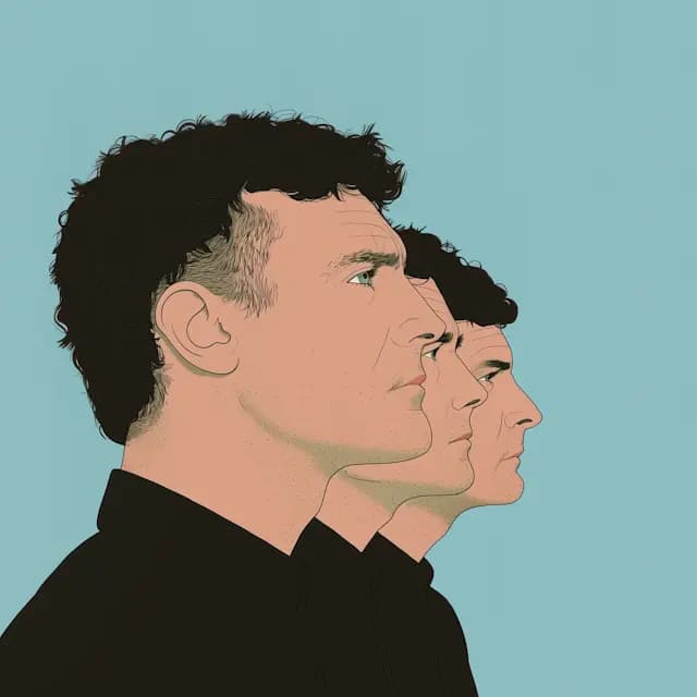 The image features three men with curly hair, each looking in the same direction. They are standing next to each other, with their heads positioned in a straight line. The men are wearing black shirts, and their expressions appear to be serious. The background is blue, which adds a contrasting color to the scene.