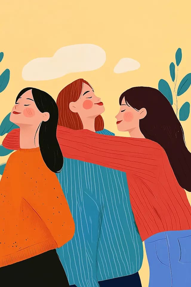 Three women are hugging each other, with one woman on the left, one in the middle, and the third on the right. They are all smiling and appear to be enjoying each other's company. The women are wearing brightly colored clothing, with one woman wearing an orange shirt, another wearing a blue shirt, and the third wearing a red shirt. The scene is set against a backdrop of trees and clouds, creating a warm and inviting atmosphere.