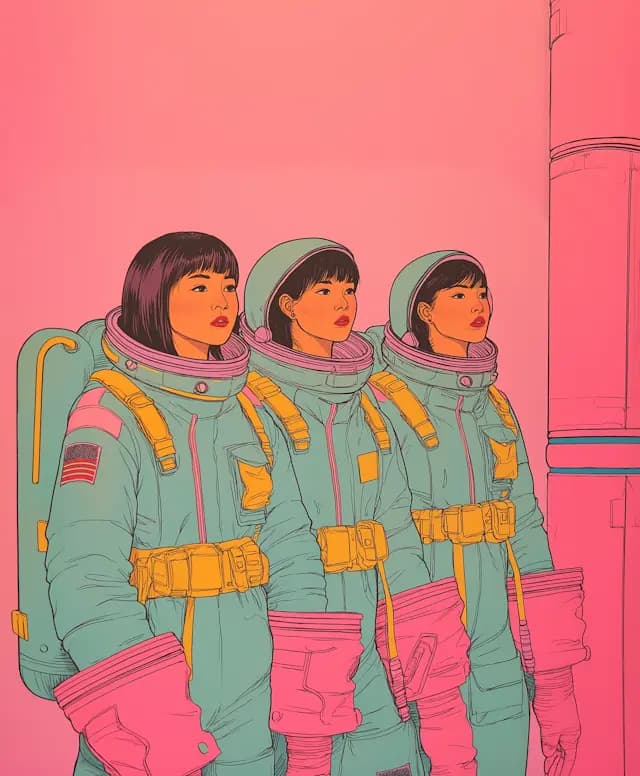 Three women wearing space suits are standing next to each other. They are all wearing helmets and have backpacks on their backs. The backpacks are yellow and appear to be carrying supplies for their space mission. The women are all wearing the same uniform, indicating that they are part of the same team or organization.