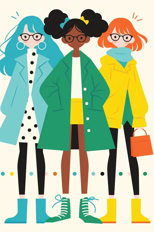 Three women are standing next to each other, each wearing a different coat. The first woman is wearing a green coat, the second woman is wearing a yellow coat, and the third woman is wearing a blue coat. They are all wearing glasses and are positioned in a row.