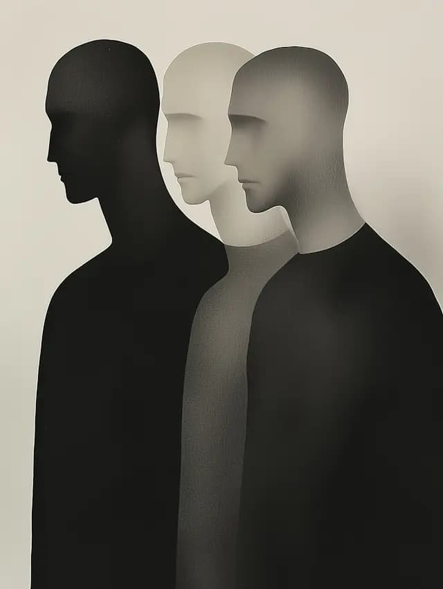 Three silhouettes of people are standing next to each other, each with a different color. The first silhouette is on the left, the second is in the middle, and the third is on the right. The first silhouette is black, the second is gray, and the third is black.