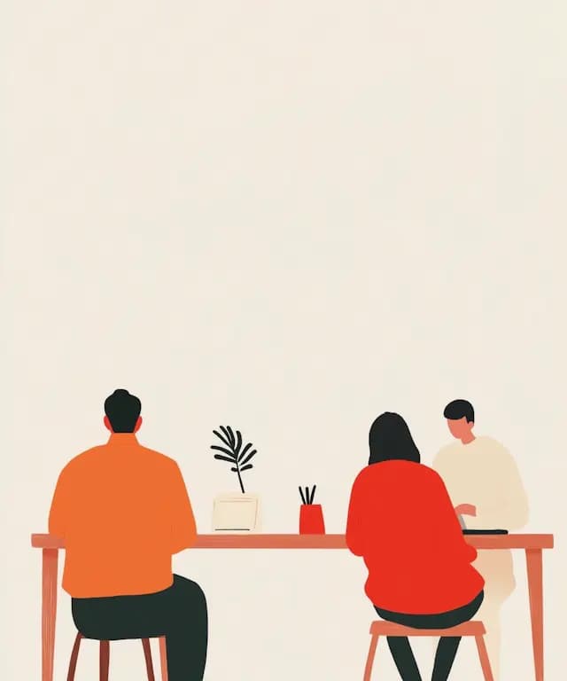 The image features a man and a woman sitting at a table, each with a laptop in front of them. They appear to be working or studying together. The table has a vase and a potted plant on it, adding a touch of greenery to the scene. The woman is wearing a red shirt, while the man is dressed in orange. There is a chair on either side of the table, with one chair being occupied by the man and the other by the woman.
