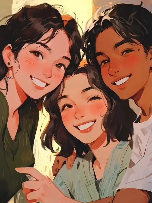 A group of three people, two girls and a boy, are smiling and posing for a picture. They are all wearing earrings and are positioned close to each other. The girl on the left is wearing a green shirt, while the girl in the middle is wearing a blue shirt. The boy on the right is wearing a white shirt. They are all smiling brightly, creating a cheerful and friendly atmosphere.