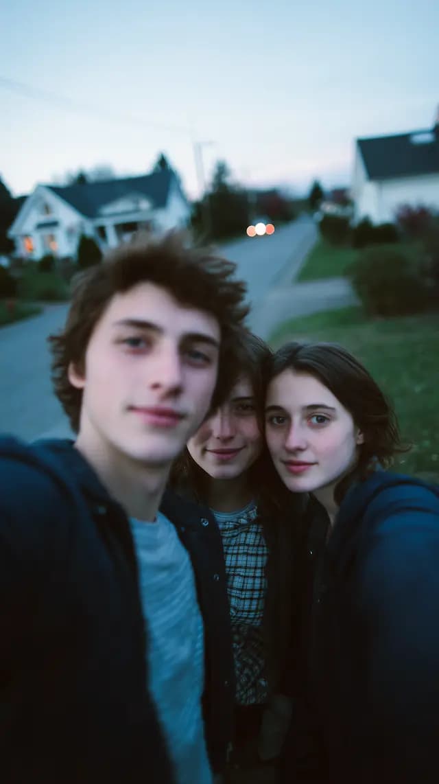 A young man and two young women are standing together on a street, posing for a picture. They are all smiling and appear to be enjoying themselves. The man is on the left side of the group, while the women are on the right. The street has a few cars parked along it, with one car visible in the background.