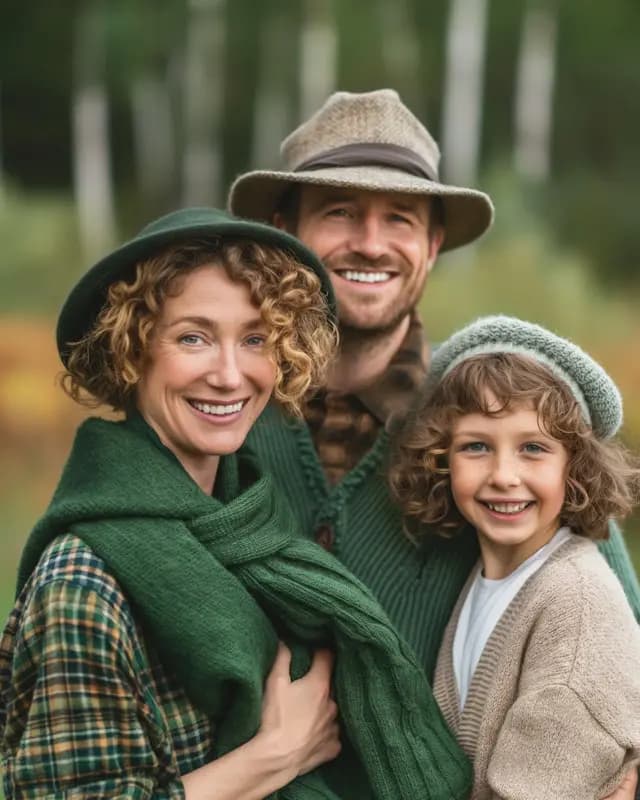 A man, a woman, and a child are standing together, posing for a picture. The woman is wearing a green scarf, and the man is wearing a plaid shirt. They are all smiling and enjoying the moment.