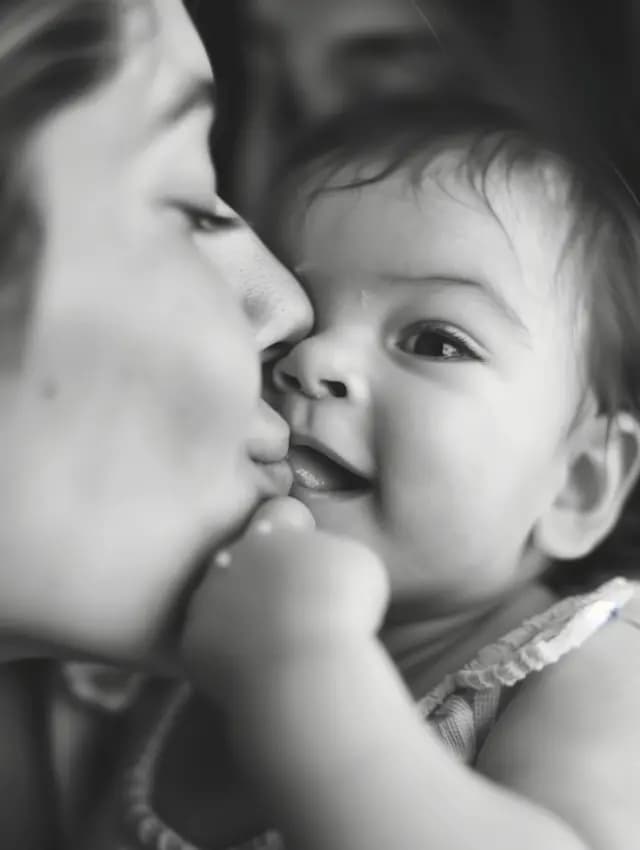 A woman is leaning in to kiss a baby on the cheek. The baby is smiling and appears to be enjoying the interaction. The woman's face is close to the baby's, and the baby's face is close to the woman's face, creating an intimate and affectionate moment between the two.