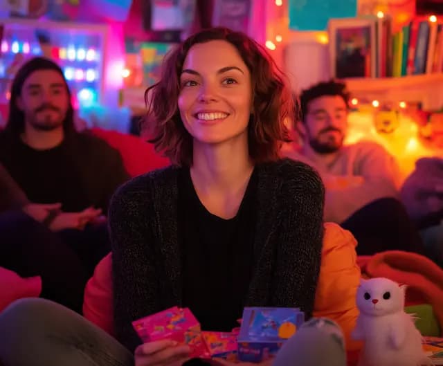 A woman is sitting on a couch, holding a deck of cards in her hand. She is smiling and appears to be enjoying herself. There are two other people in the room, one sitting on the couch next to her and another person sitting on the opposite side of the couch. The room has a cozy atmosphere with a teddy bear placed on the couch.