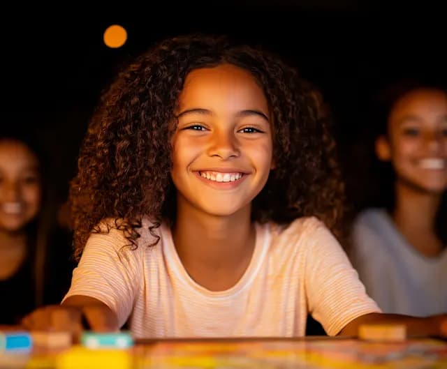 A young girl with curly hair is smiling and looking at the camera. She is wearing a pink shirt and appears to be happy. The girl is sitting in front of a board game, possibly enjoying a fun family activity.
