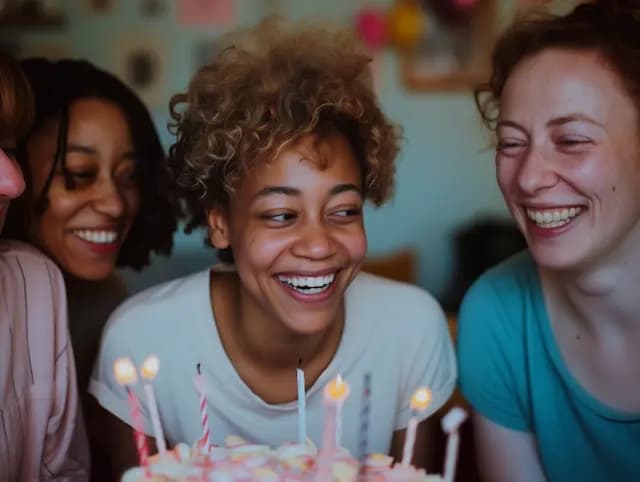 A group of three women are standing around a birthday cake with lit ...