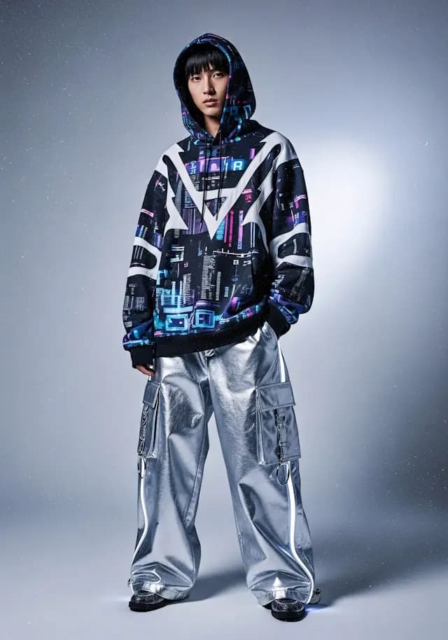 A person wearing a hoodie and silver pants stands in a white room. The hoodie has a colorful design, and the pants are made of a shiny material. The person is standing with their hands in their pockets, giving off a casual and stylish vibe.