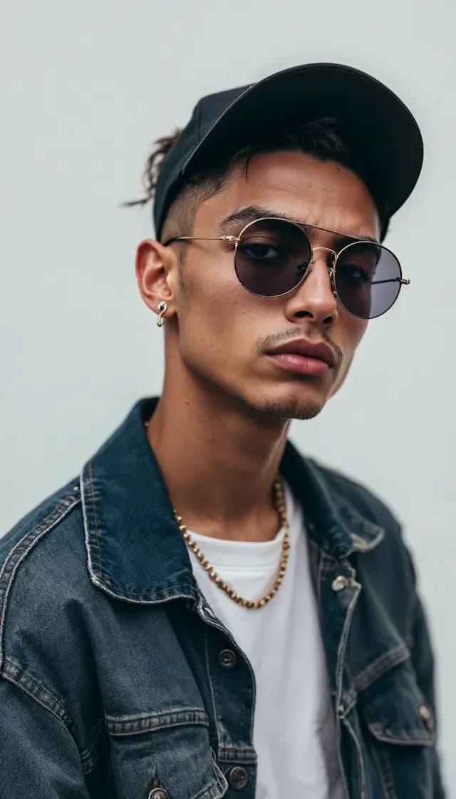A man wearing a denim jacket and sunglasses is posing for a picture. He is wearing a gold chain around his neck and has a beard. The man is looking straight ahead, possibly at the camera.