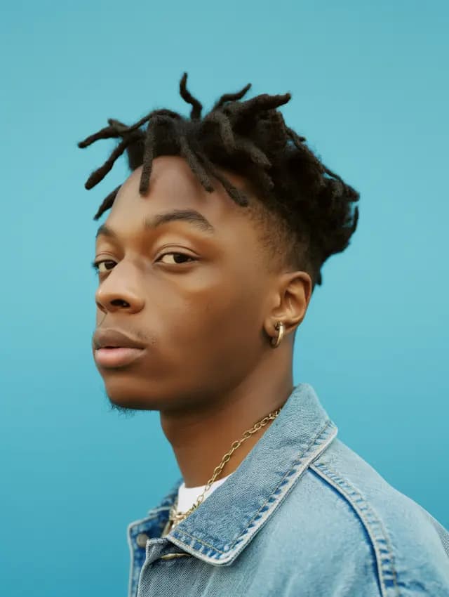 A man with dreadlocks is staring into the camera. He is wearing a blue jacket and a gold chain around his neck.
