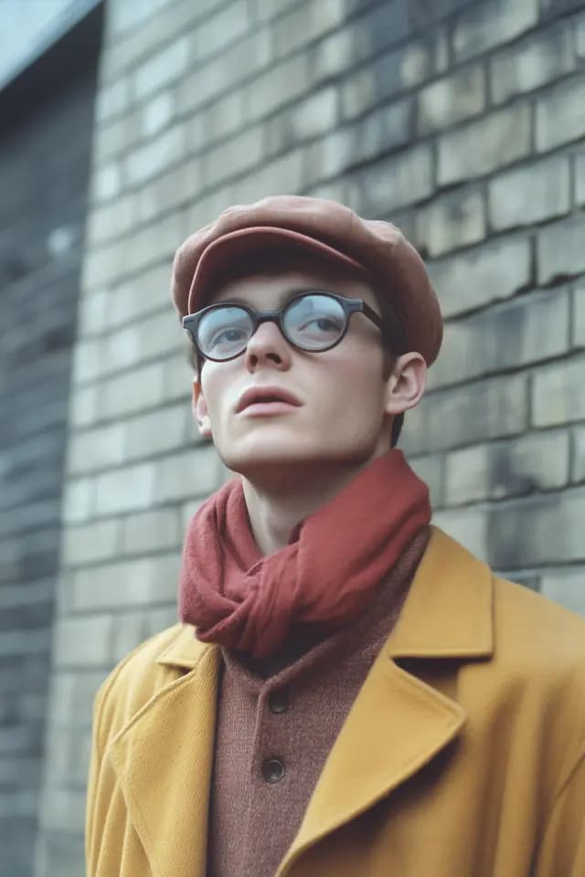 A man wearing a brown hat, a red scarf, and glasses is standing in ...