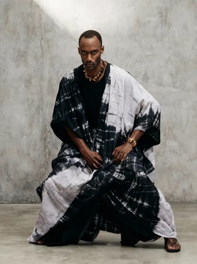 A man is sitting on the ground with his legs crossed, wearing a black shirt and a long, flowing robe. The robe is black and white, and the man is holding his hands together. He is also wearing a gold watch on his wrist. The scene appears to be set against a wall, giving the impression of a formal or ceremonial setting.