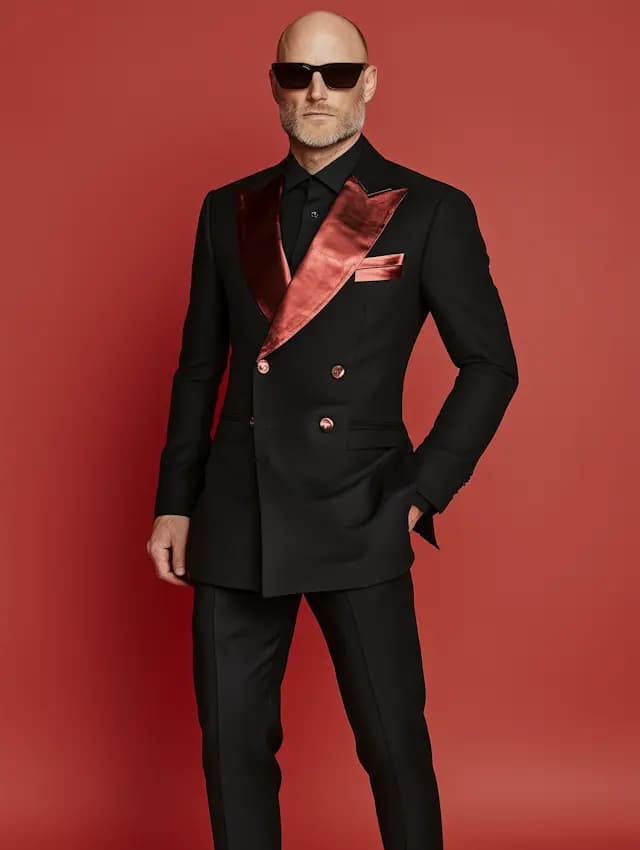 A man wearing a black suit with a red tie is standing in front of a red ...