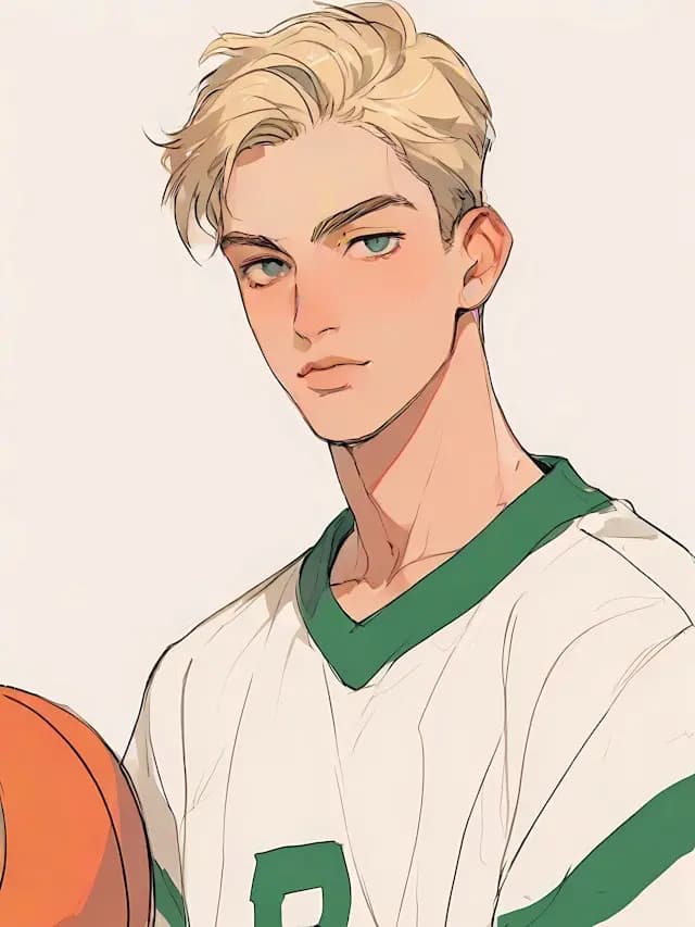 A young man with blonde hair is holding a basketball in his hand. He is wearing a white shirt with a green collar and appears to be posing for a picture. The man's hair is styled in a bowl cut, and he has a blue eye.