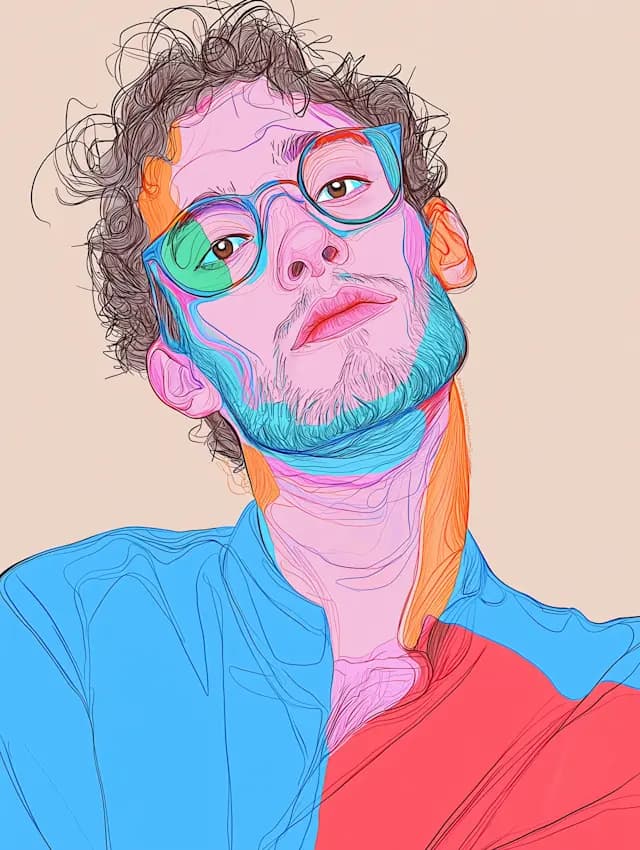 The image features a man wearing glasses and a blue shirt. He is looking into the camera with a serious expression on his face. The man's hair is curly, and he appears to be a young adult. The focus of the image is on the man's face and his interaction with the camera.