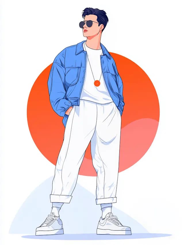 A man wearing a blue jacket and white pants is standing in front of an orange background. He is posing for the camera, and his hands are in his pockets.