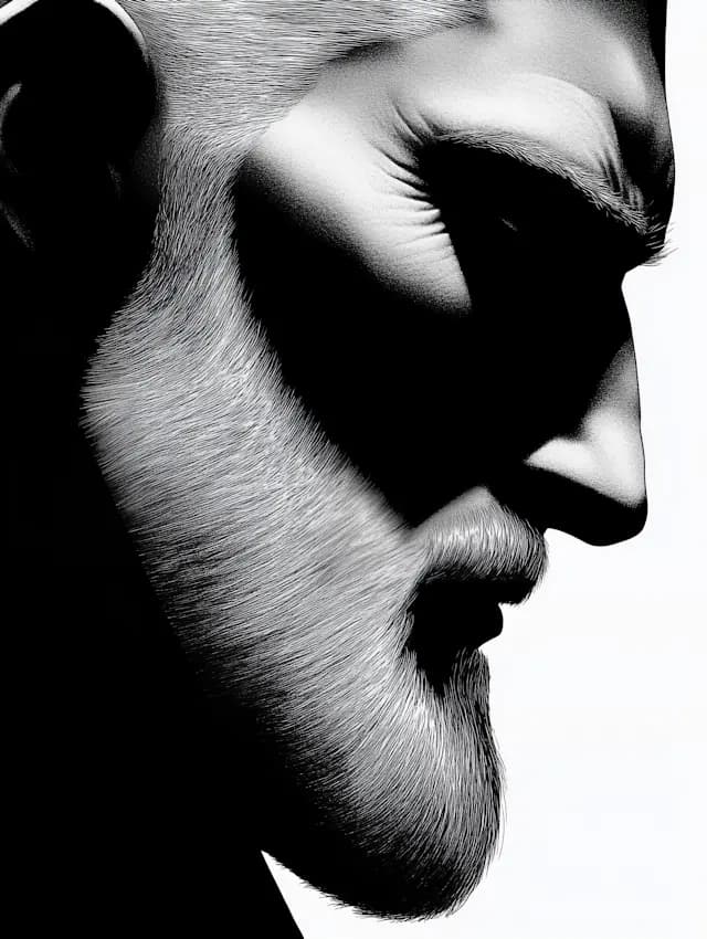 The image features a man with a beard and mustache, looking downward. His beard is long and white, giving him a distinguished appearance. The man's face is the main focus of the image, with the lighting creating a dramatic effect on his facial features.