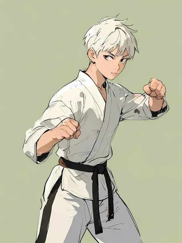 A young man is wearing a white karate uniform and is in a fighting stance. He is holding his fists up, ready to punch, and is looking at the camera. The man is standing in front of a green background, which complements his karate uniform.