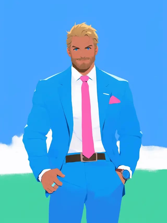 A man in a blue suit is standing in a field with a blue sky in the background. He is wearing a blue tie and has a blue suit jacket on. He is also wearing a watch on his wrist.