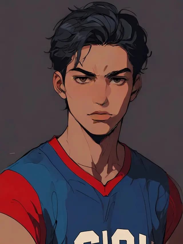 A young man with dark hair and a blue shirt is looking at the camera ...