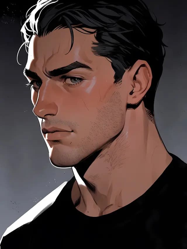 The image features a man with short hair and a beard, wearing a black shirt. He is looking at the camera with a serious expression.