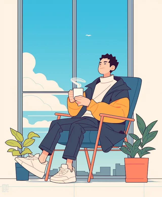 A man is sitting in a chair, holding a cup of coffee in his hand. He is ...