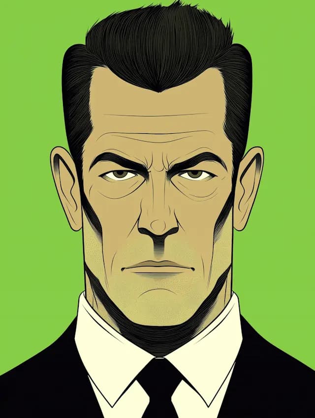A man with a black suit and tie is staring at the camera. He has a serious look on his face, with his eyes focused on the viewer. The man's face is the main focus of the image, and he appears to be the only person in the scene.