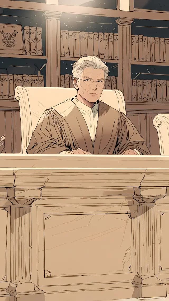 A man wearing a judge's robe is sitting in a chair at a desk. He is looking at the camera, appearing stern and focused. The desk is adorned with several books, some of which are placed in front of the judge, while others are scattered around the desk. The scene conveys a sense of authority and professionalism, as the judge seems to be in the midst of a serious legal matter.