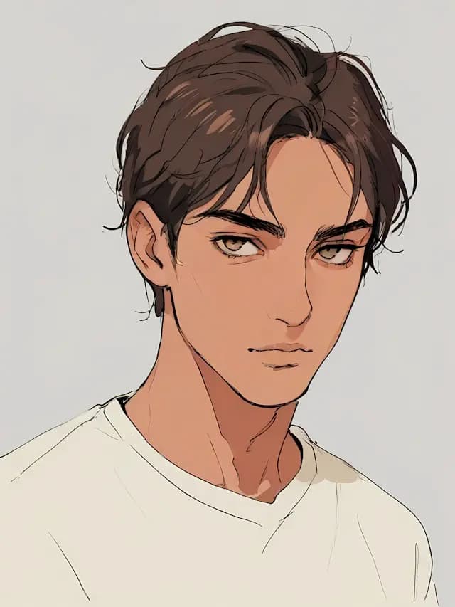 A young man with brown hair and a brown mustache is looking at the camera. He is wearing a white shirt and has a serious expression on his face. The man's hair is styled in a way that it falls over his forehead, giving him a distinctive appearance.