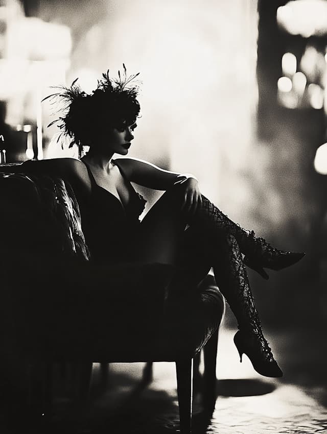 A Woman Is Sitting On A Couch Wearing A Black Dress And Black Stockings a-woman-is-sitting-on-a-couch-wearing-a-black-dress-and-black-stockings