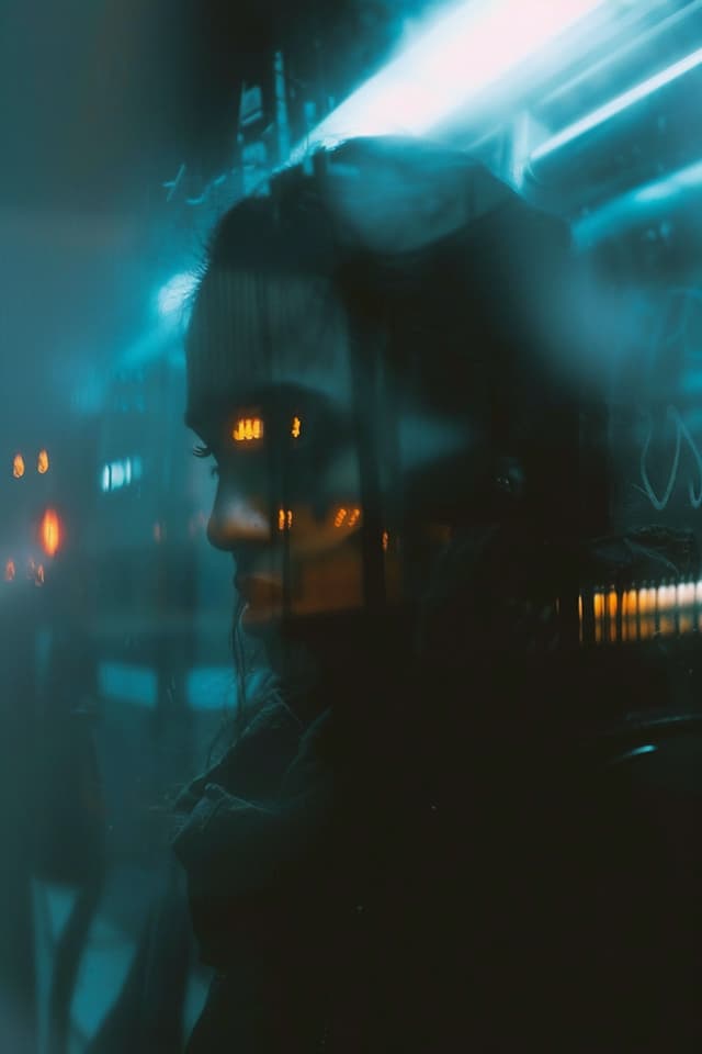 A woman is sitting in a dark room, looking out of a window. She is wearing a scarf and appears to be focused on something outside. The room is dimly lit, with a few lights visible in the background.