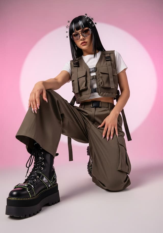 A woman is posing for a photo while wearing a military-style outfit. She is wearing a white shirt and a green vest, and she is also wearing a pair of sunglasses. She is sitting on the floor with her legs crossed, and she is holding a gun in her hand. The woman appears to be confident and ready for action.